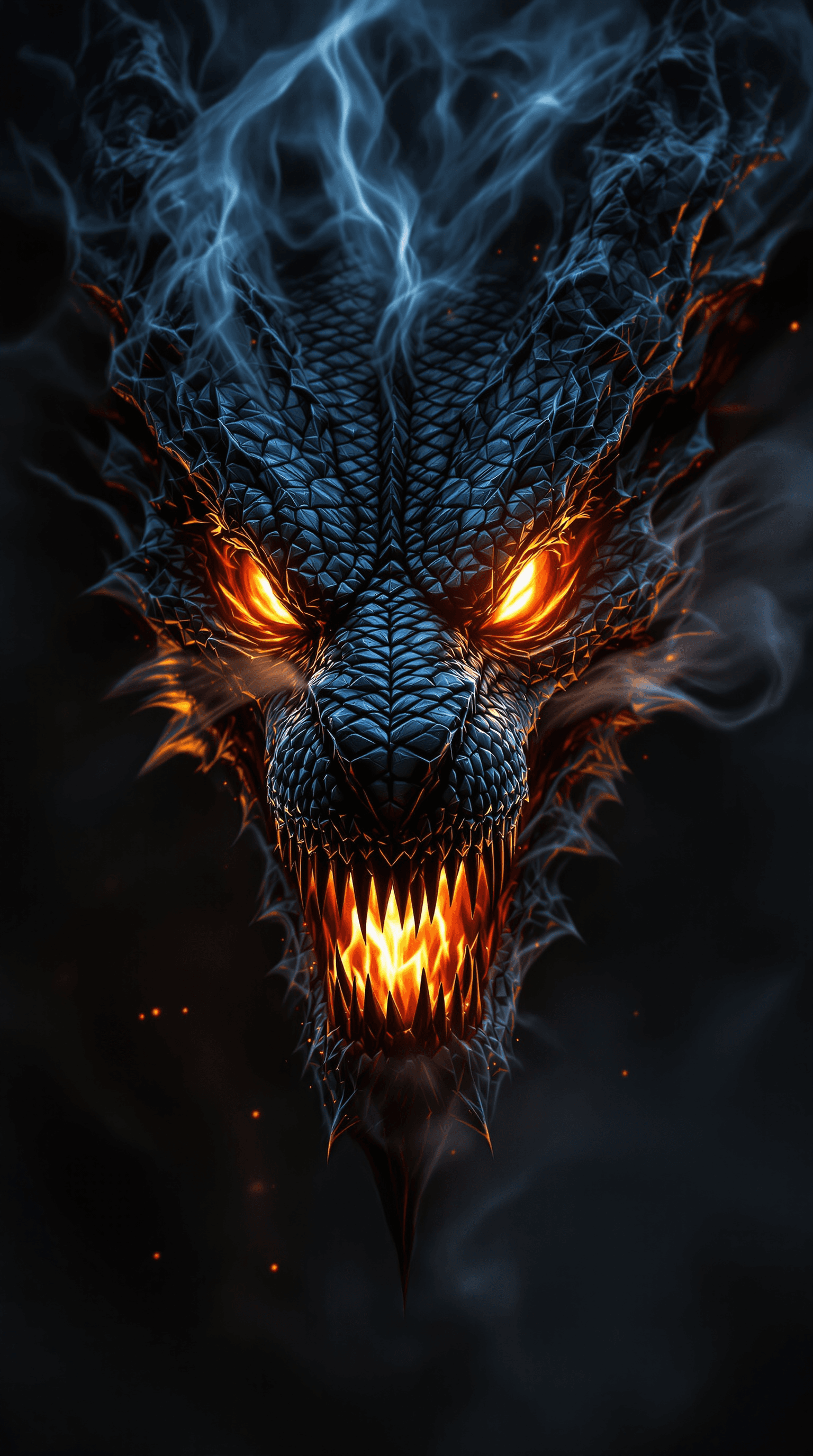 AI generated: very realistic scary dragon's head with glowing eyes, smoke coming out the nostrils and the sharp te...