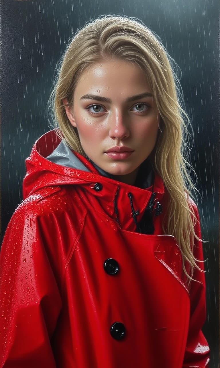 AI generated: a woman in a red raincoat standing in the rain, a photorealistic painting by Hedi Xandt, featured on...