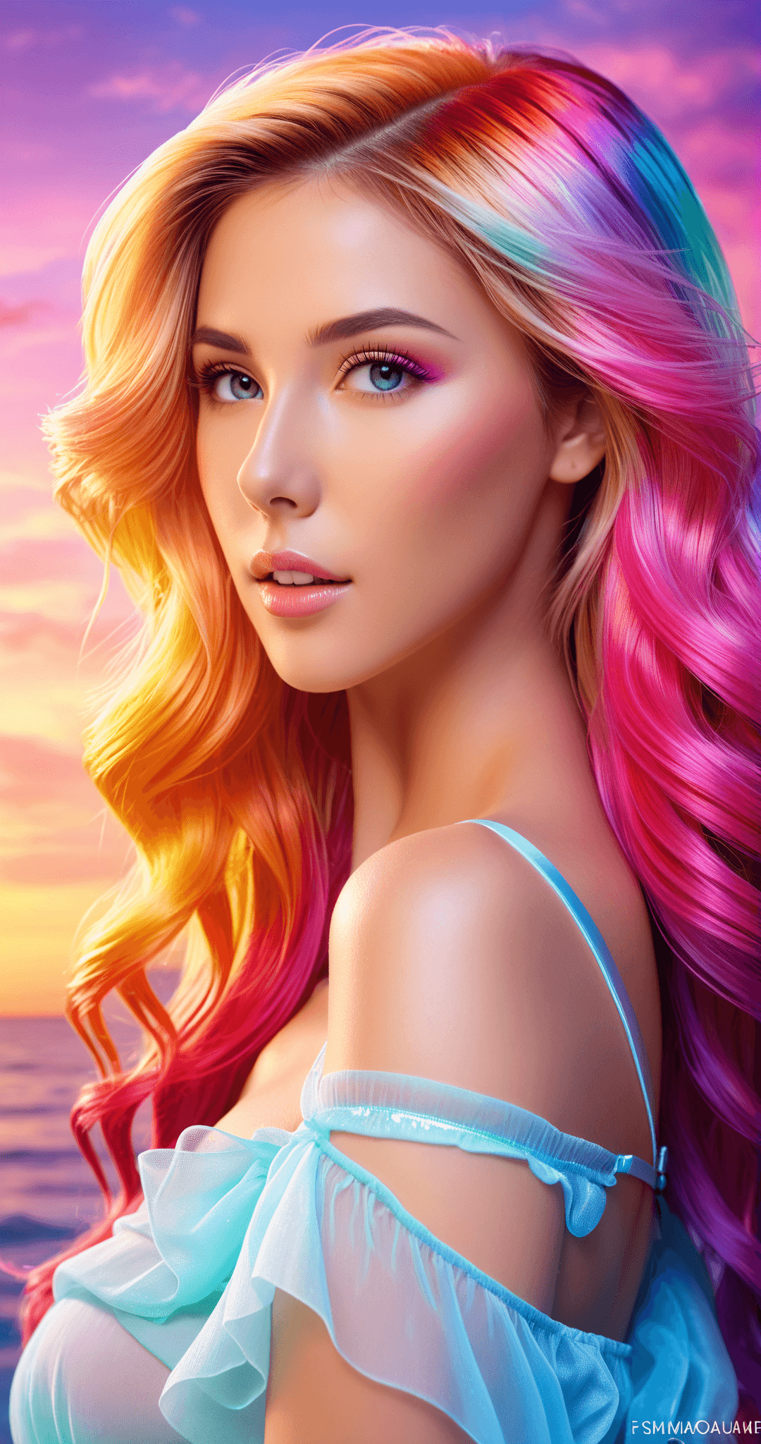 AI generated: A breathtakingly beautiful girl with flowing, multi-colored gradient hair, glowing with vibrant hues...