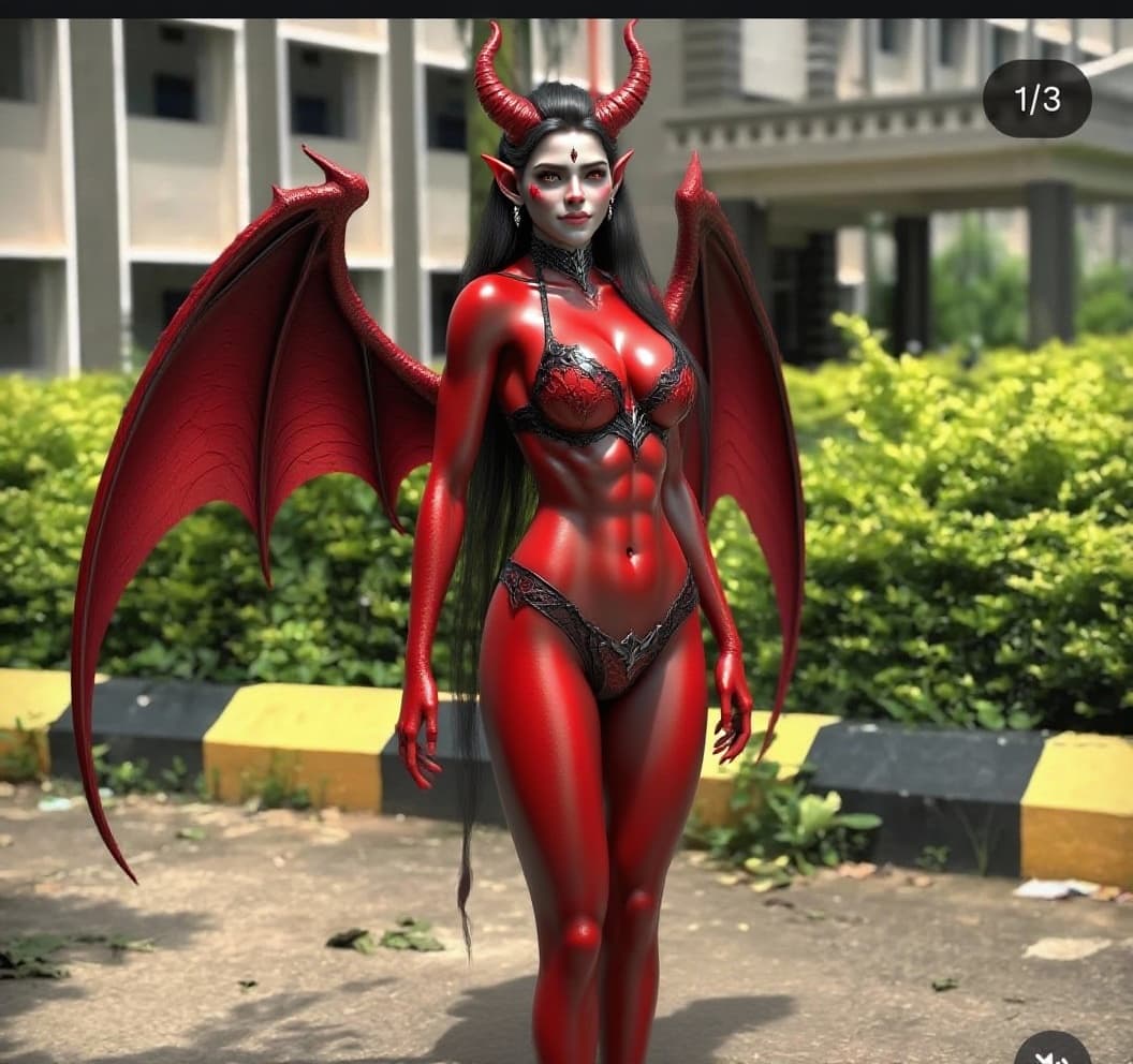 AI generated: full breasts view, sex pose, extrem perky red skin, ultra sexy demon succubus fantasy babe withe dev...