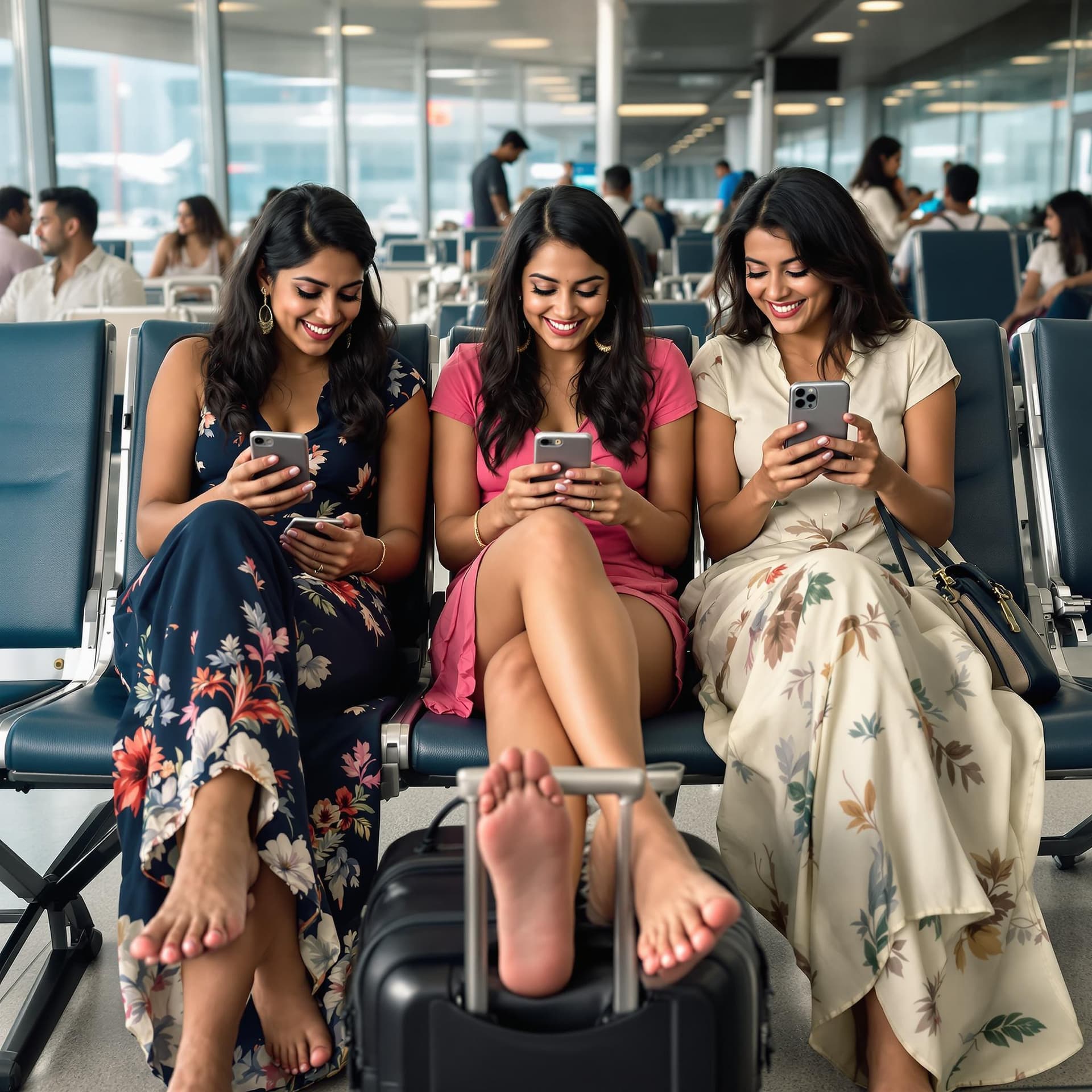 AI generated: In the summer. Three adult female friend, from india, at the air port. Waiting for their flight, kil...