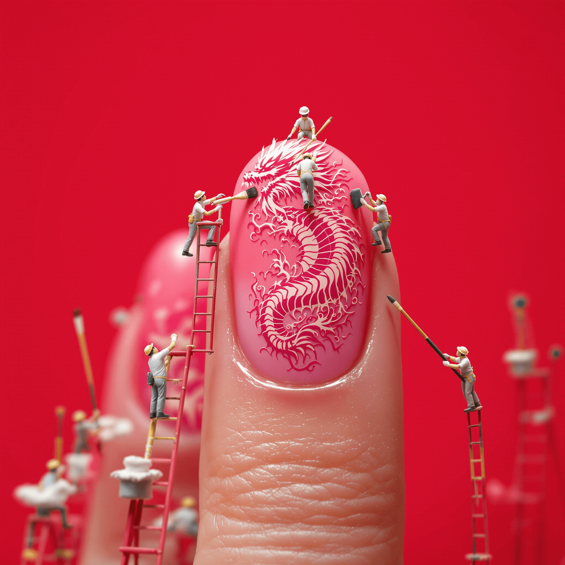 AI generated: Tiny miniature workers in uniforms are painting and drawing ombre pink dragon on the fingernails, ma...