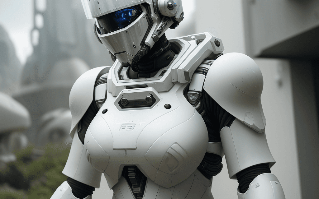 AI generated: white sci-fi female armor with cybernetic helmet, full armor, insulated armor, spacesuit, lots of fi...