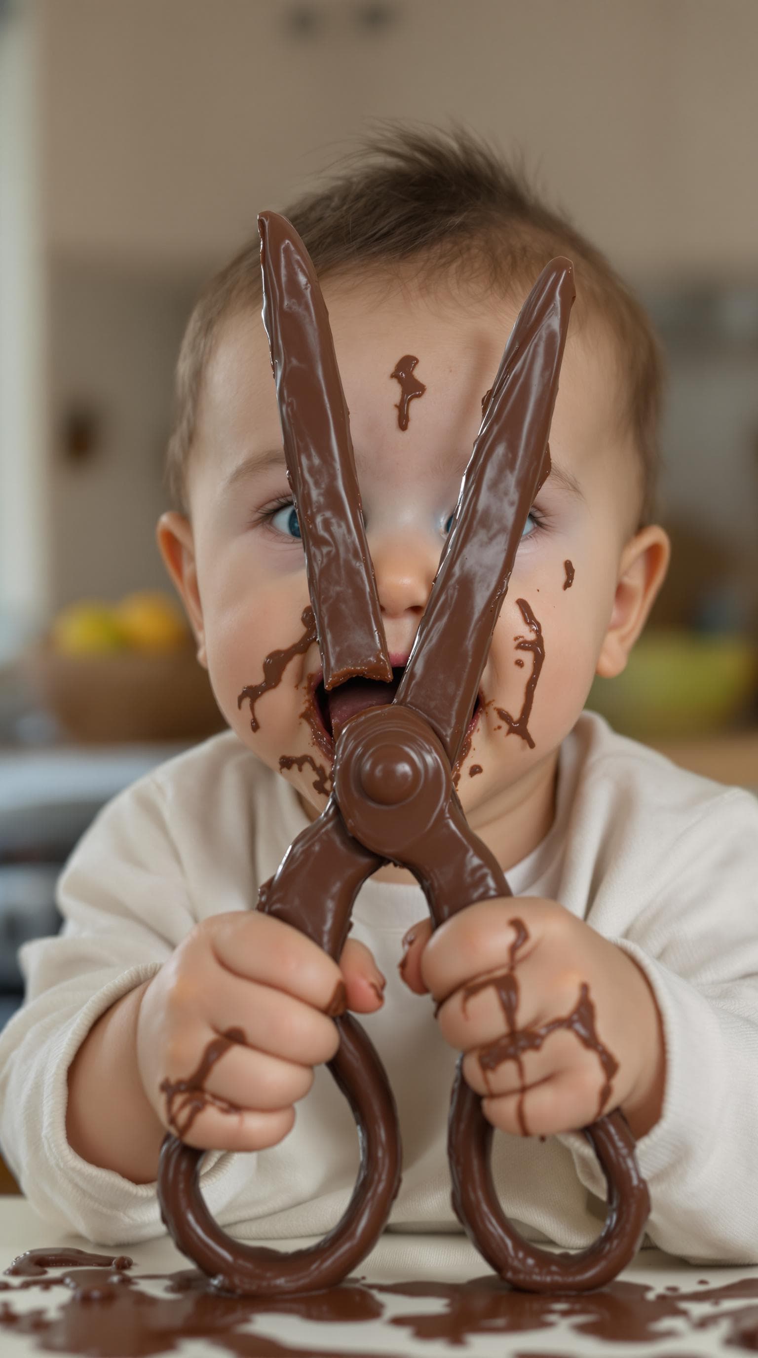 AI generated: A close-up of a baby sitting on a clean, softly lit kitchen counter. The baby holds a pair of scisso...