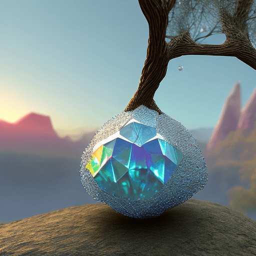AI generated: ((a delicate big apple) ), made of diamond hung on branch in a beautiful dawn, in the background bea...