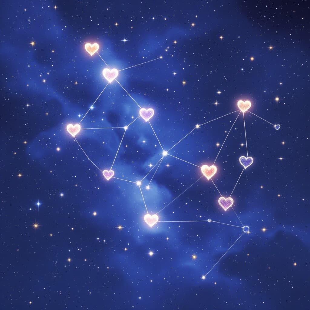 AI generated: photorealistic of constellation of Orion, where are shinning hearts instead of stars