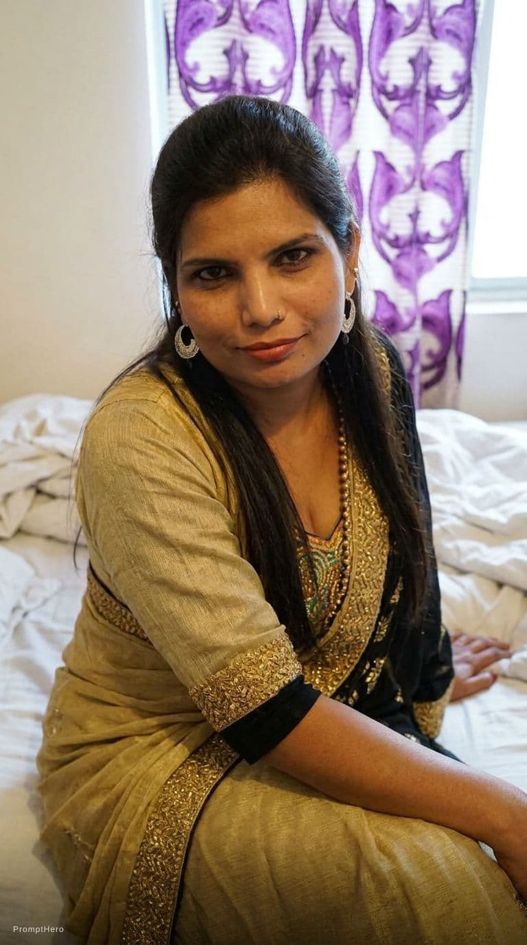 AI generated: Sitting on a bed teasing, same uploaded hairstyle, wearing same décolleté saree dress but cropped, l...