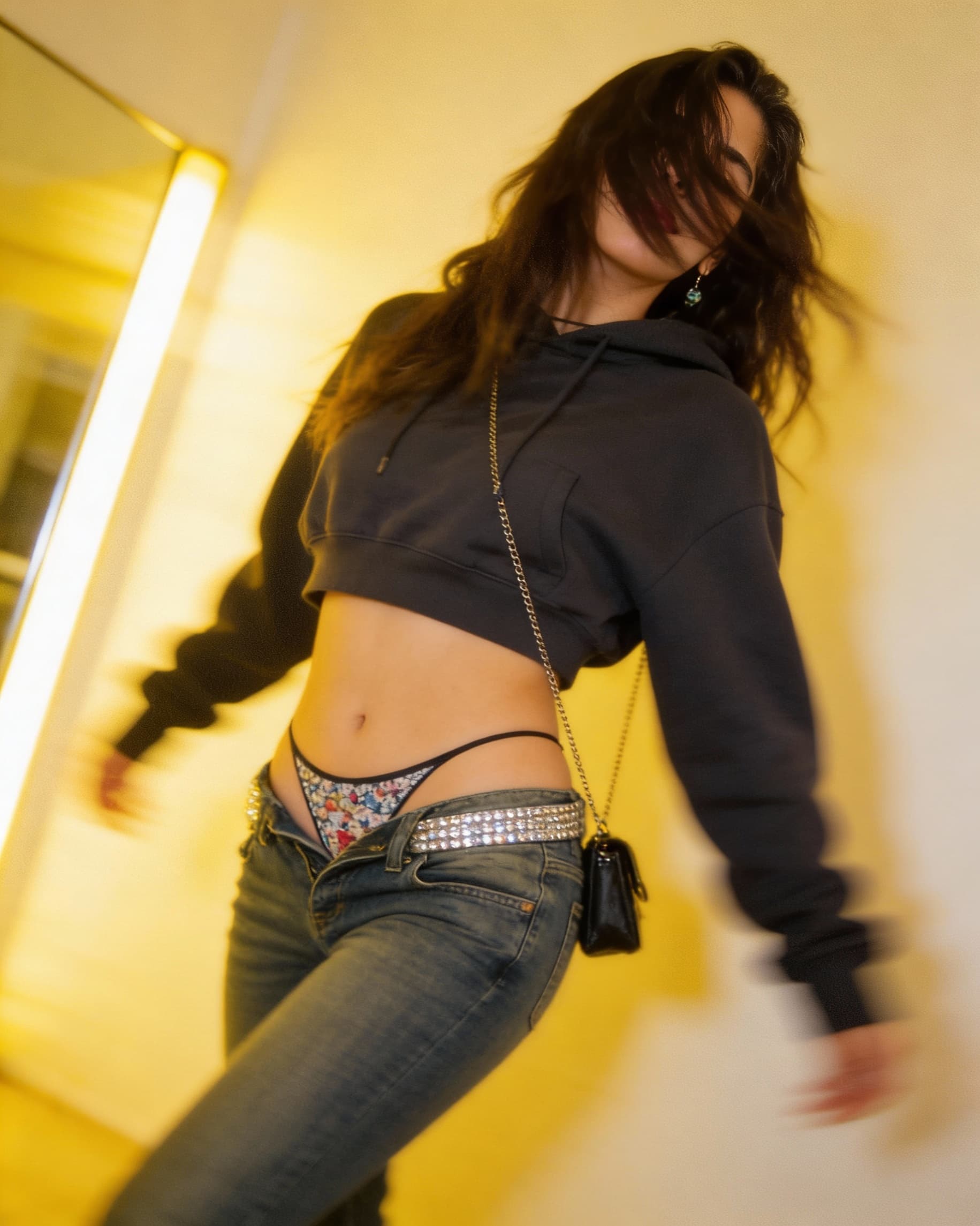AI generated: a lo-fi 2015s-era, diagonally taken, low-quality iPhone photo of a 20-year-old baddie. The shot is i...