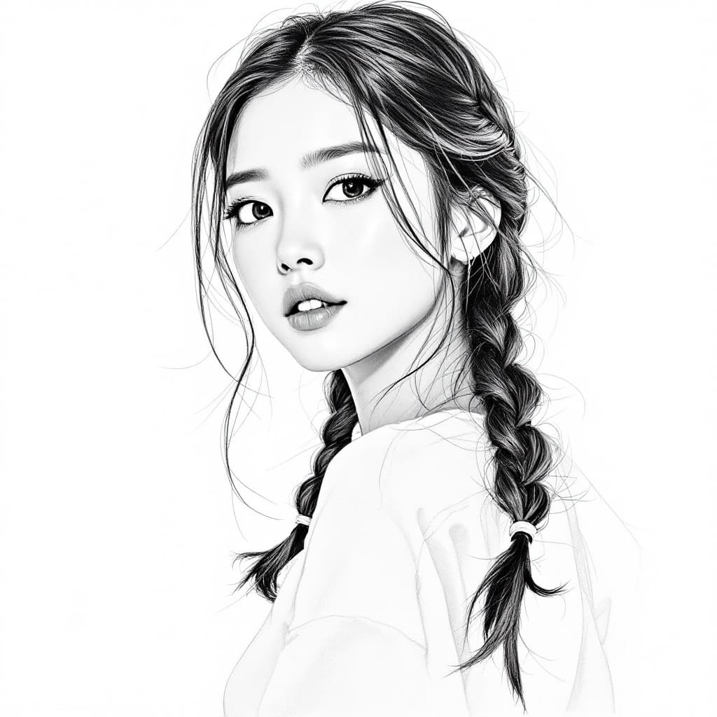 AI generated: A pencil sketch of an Asian woman with her hair in two braids, full shot, dressed as a Korean girl i...
