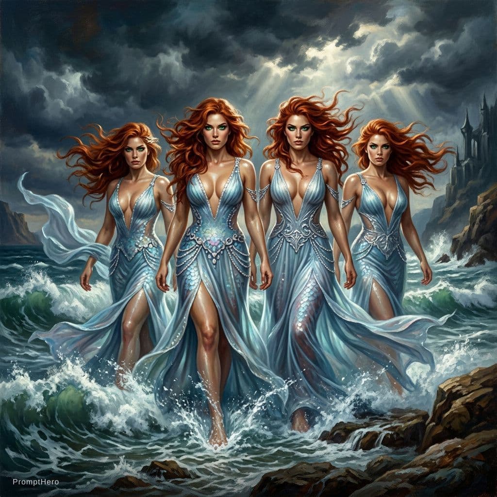 AI generated: Epic fantasy scene, four beautiful fiery red haired sea goddesses rising from the stormy ocean, long...