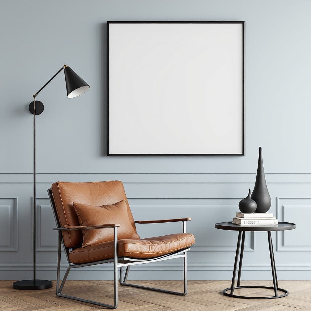 AI generated: A minimalistic, modern interior setup featuring a blank, framed white canvas on a Blue Bayoux wall w...