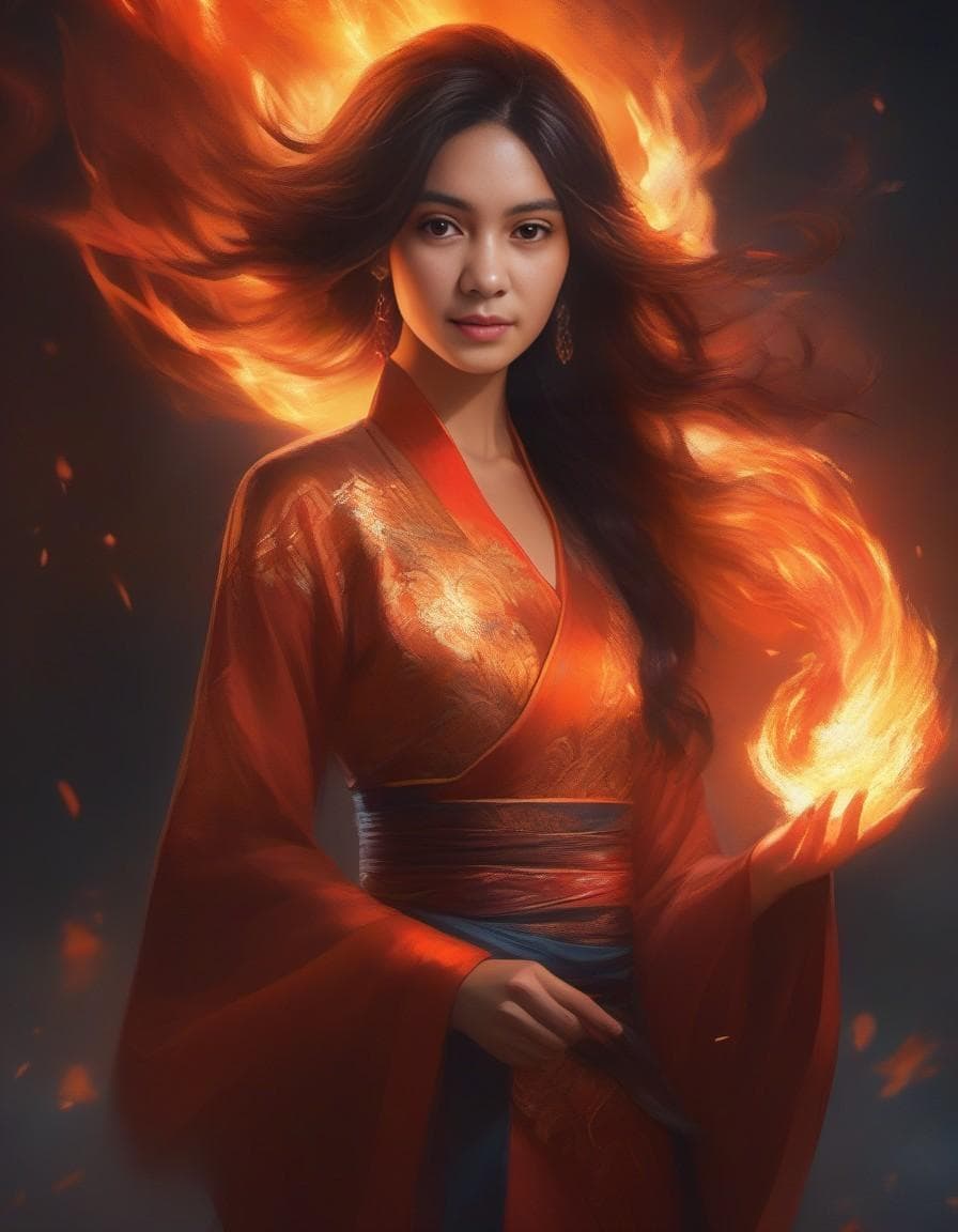 AI generated: an image of a woman with fire in her hair, by Yang J, fantasy art, in the style of ross tran, dress ...