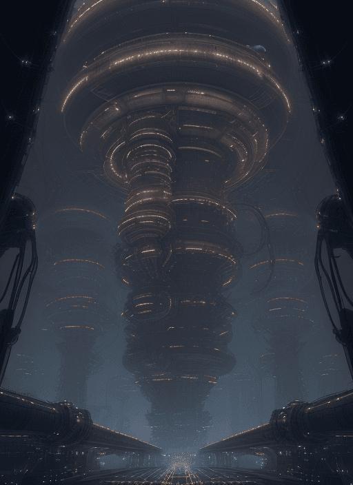 AI generated: A colossal, cylindrical vessel hovers above a labyrinthine network of pipes, gantries, and cylindric...