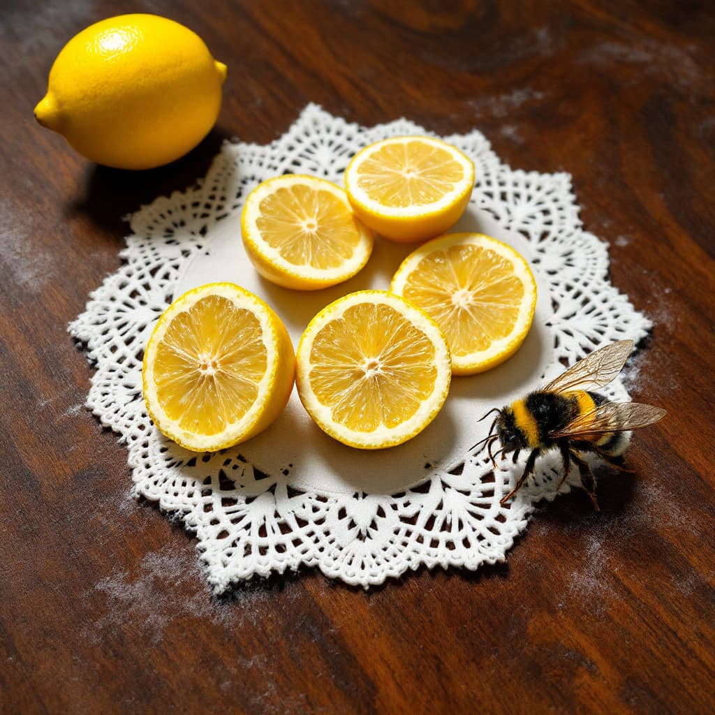 AI generated: hyper realistic various sliced lemon ,   on a chalk white doily and with a nearby bumble bee on the ...