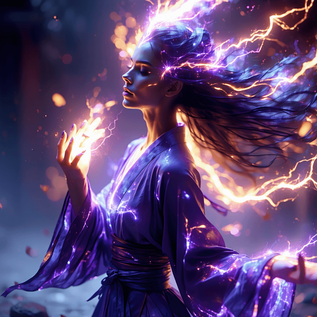 AI generated: A playful energy conductor, where her form seems to dance and shift with the very power she manipula...
