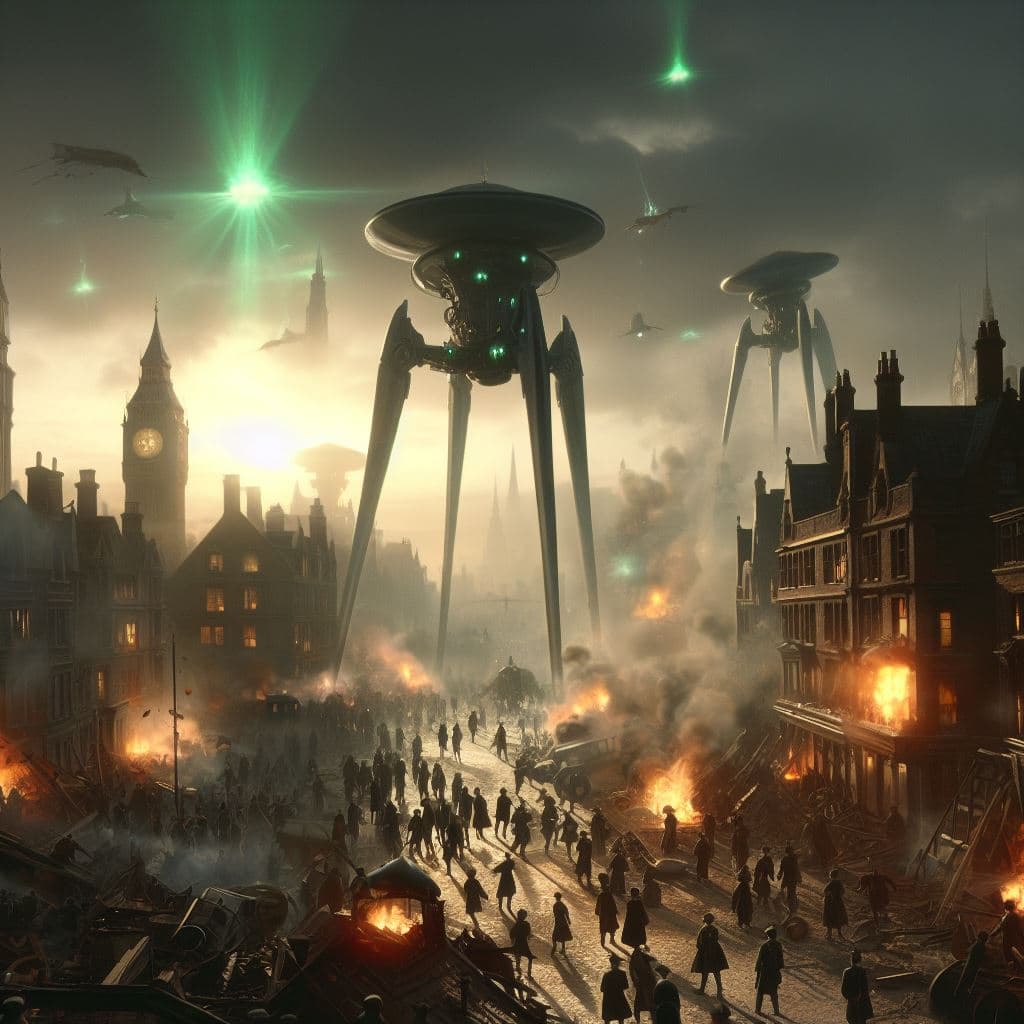 AI generated: H.g.wells, War of the Worlds in Victorian London, various detailed scenes of an alien attack, epic, ...