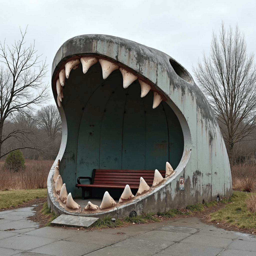 AI generated: a photo of an old worn concrete bus stop shaped in form of giant shark jaw, attention-grabbing compo...