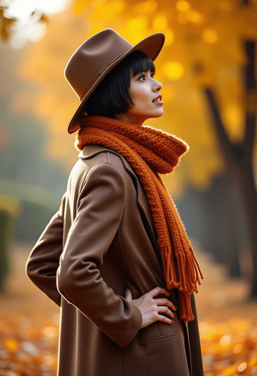 AI generated: HDR photo of beautiful woman enjoying an autumn day, beauty and fashion, warm autumn clothes, hat an...