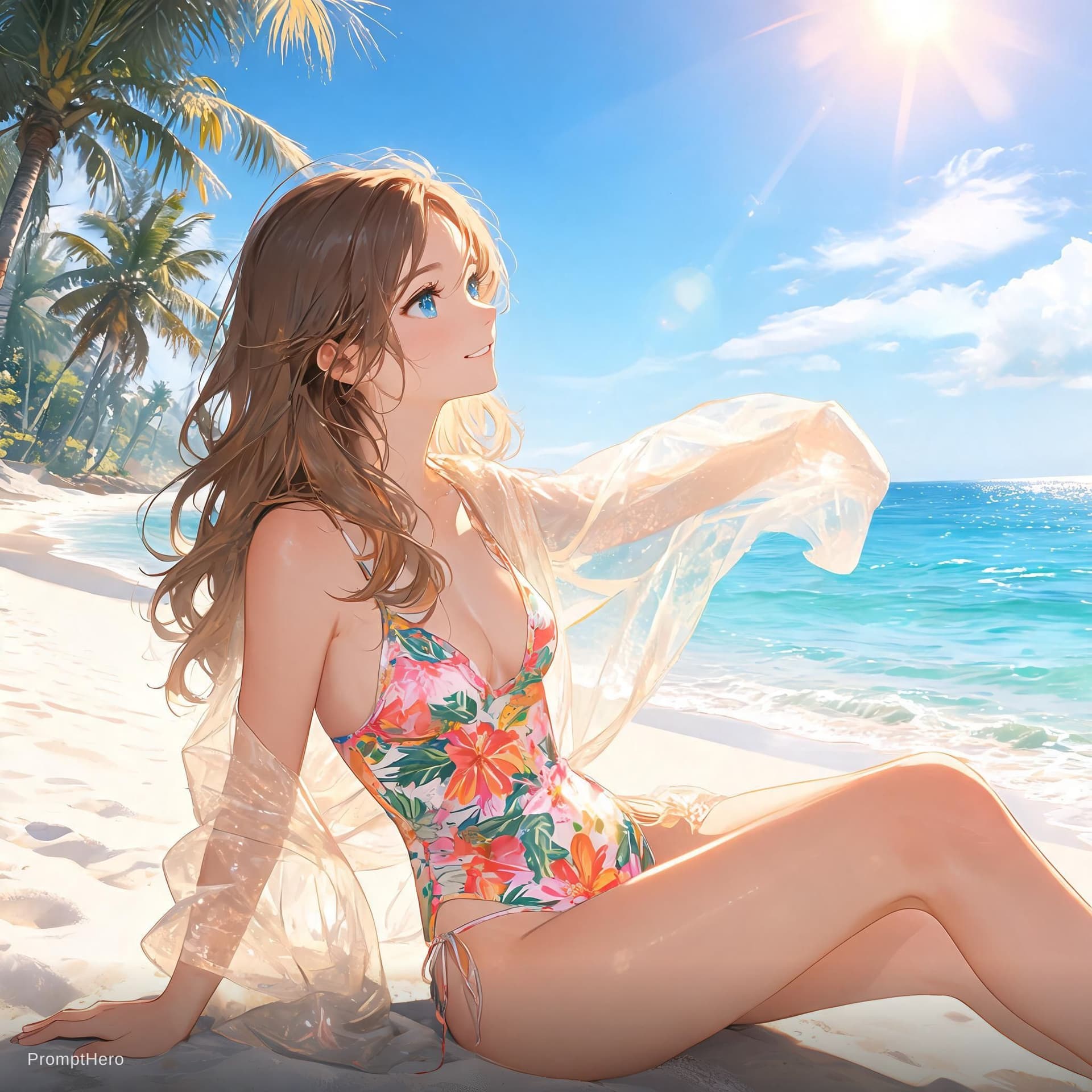 AI generated: girl is enjoying a relaxing day on a sunny beach, basking in the warmth of the golden sun. She is dr...