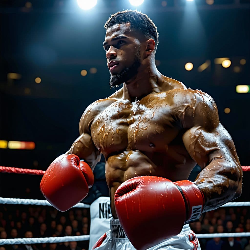 AI generated: A muscular boxer in the ring flexes his chiseled biceps, sweat glistening under intense spotlight. T...
