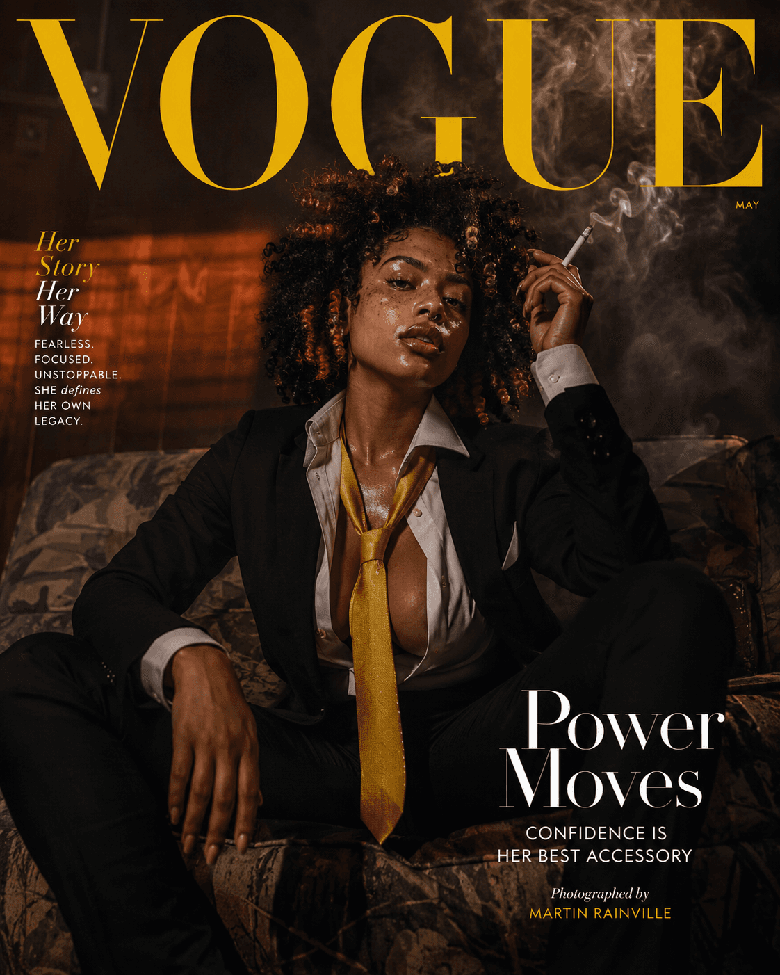 AI generated: Photography cover shoot in a dimly lit room with a hazy atmosphere. A professional male model lounge...
