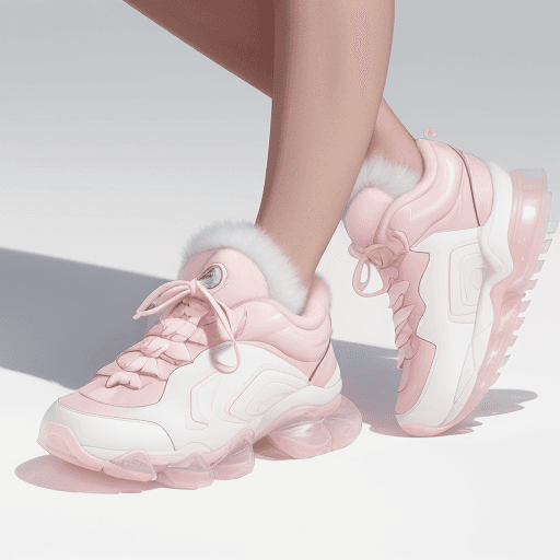 AI generated: Fashion shoot, Jacquemus and moncler collaboration: light pink translucent fur sneakers, hyper-reali...