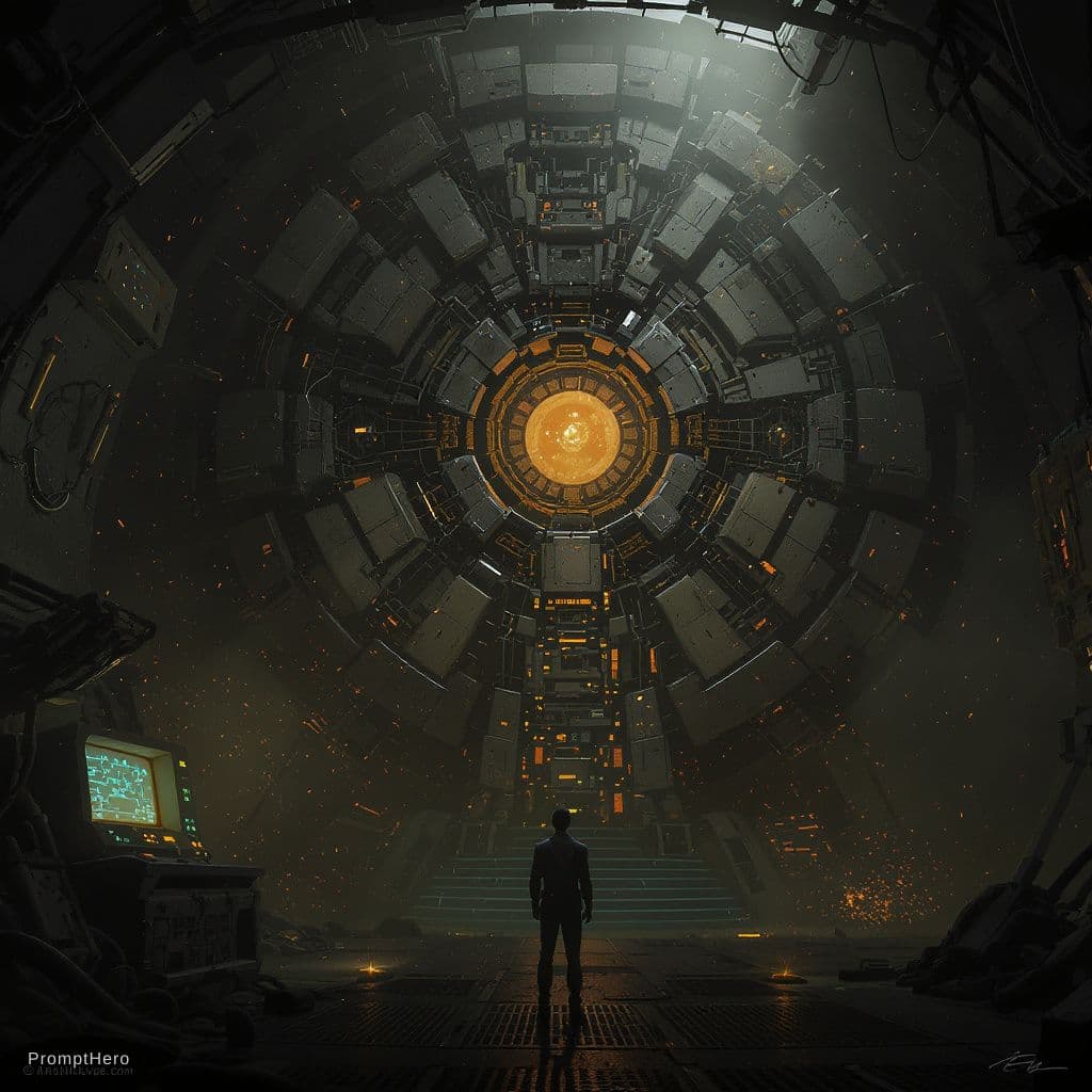 AI generated: A stunning and intricate illustration of a lone figure standing before a massive, futuristic central...