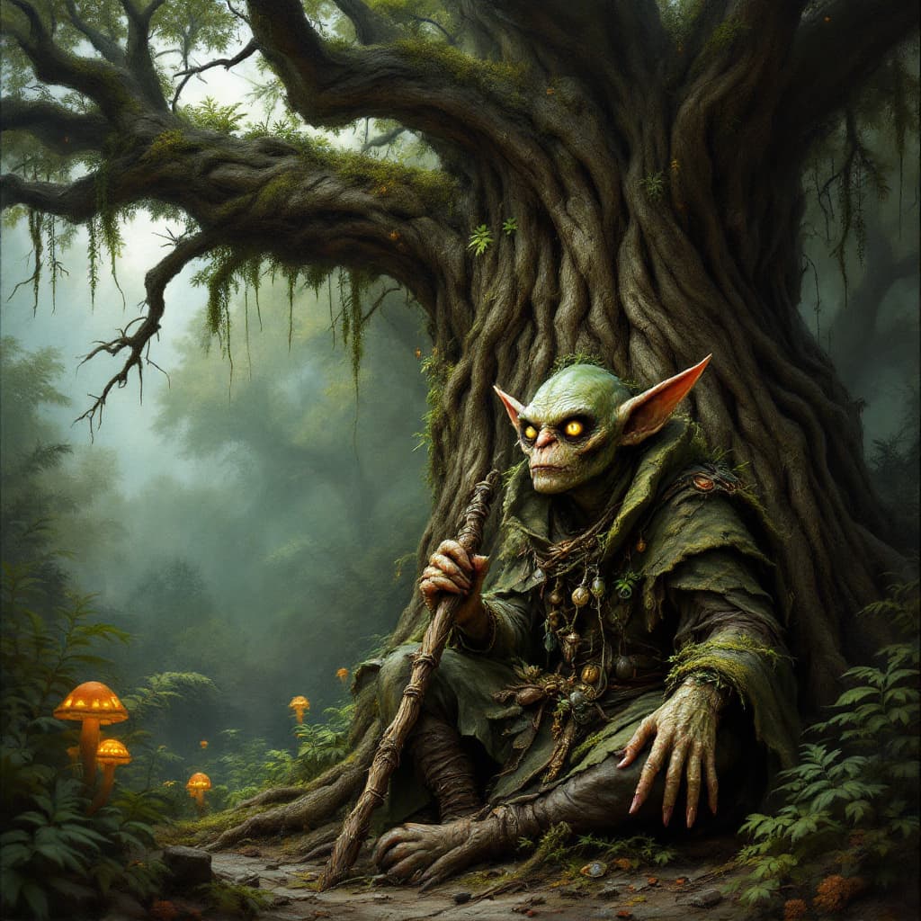 AI generated: A detailed and mysterious oil painting of a goblin sitting by an ancient tree deep in the forest, ex...