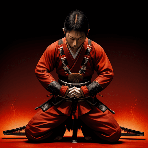 AI generated: A japanese man praying with a samurai sword between his hands. The katana hilt faces up and the blad...