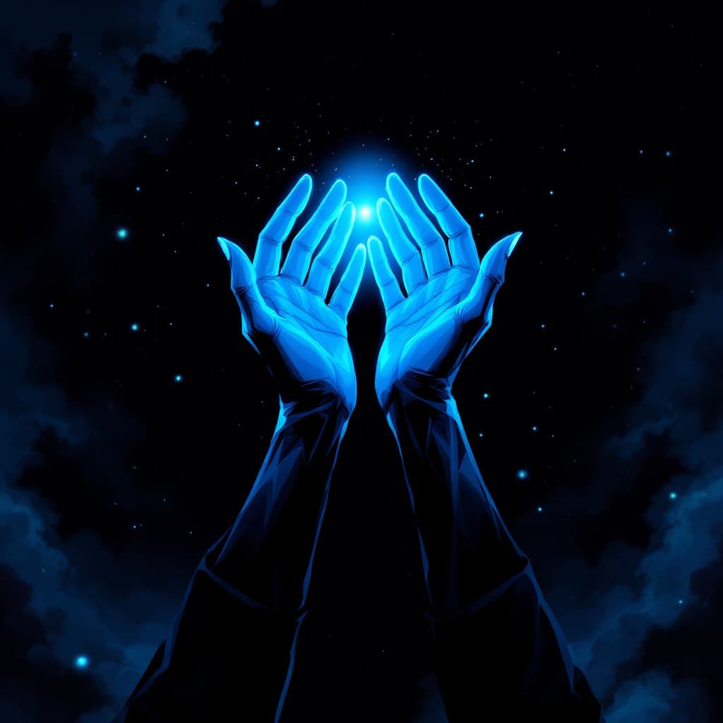 AI generated: 2 blue hands, anime, cyberpunk, style on black bacground,