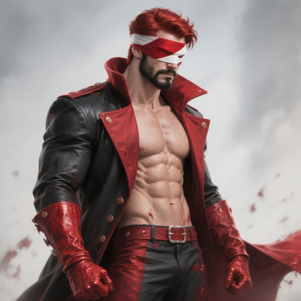 AI generated: an attractive muscle man with the power to control blood wearing a black and red coat with and a red...