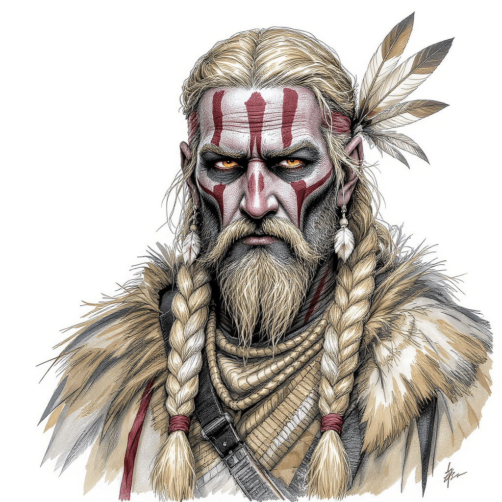 AI generated: drawing of a american soldier with beard with braided hair, wearing war paint on her face, feathers ...