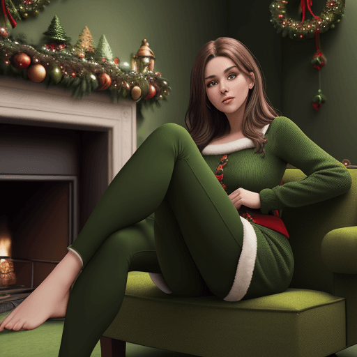 AI generated: brown hair woman in a green outfit sitting in a couch, brown hair, green walls, fancy chimney, chris...