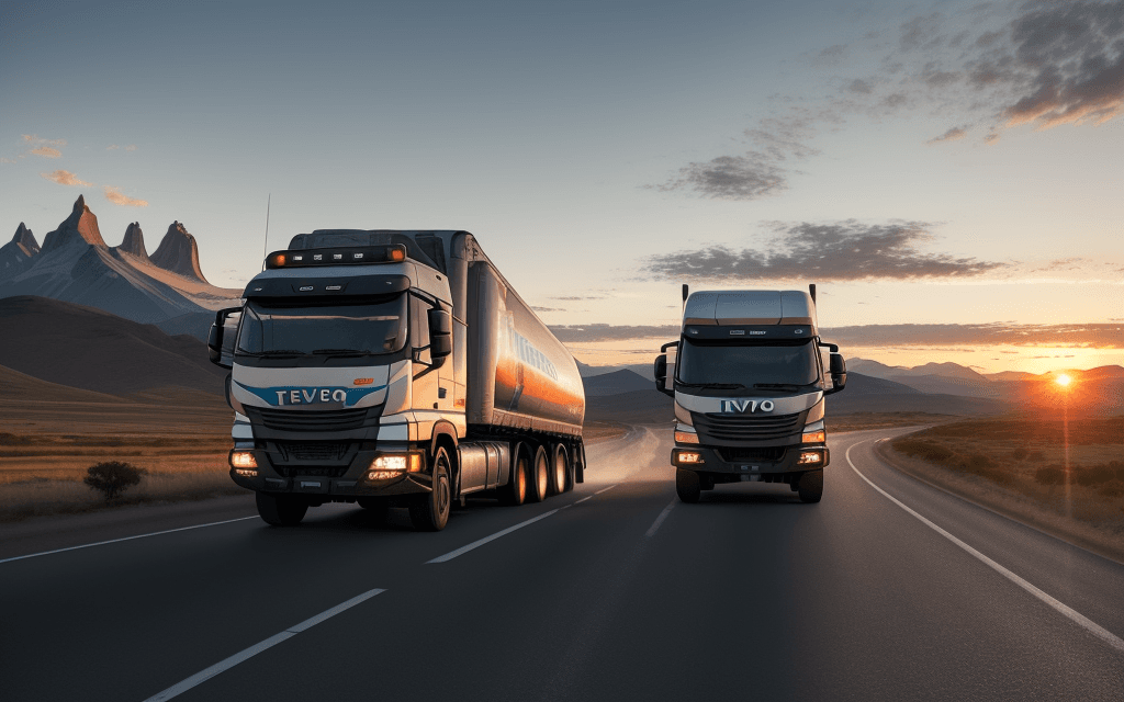 AI generated: Photo of an ultra realistic Iveco tector attack euro 5 travel truck driving on Route 40 of Argentine...