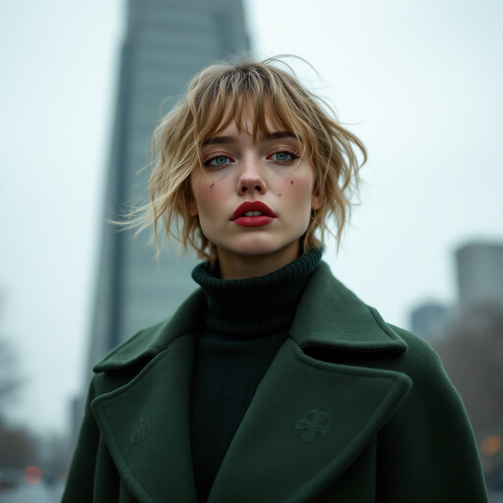 AI generated: A cinematic portrait of a stylish young woman with short, messy blonde hair, standing in an urban en...