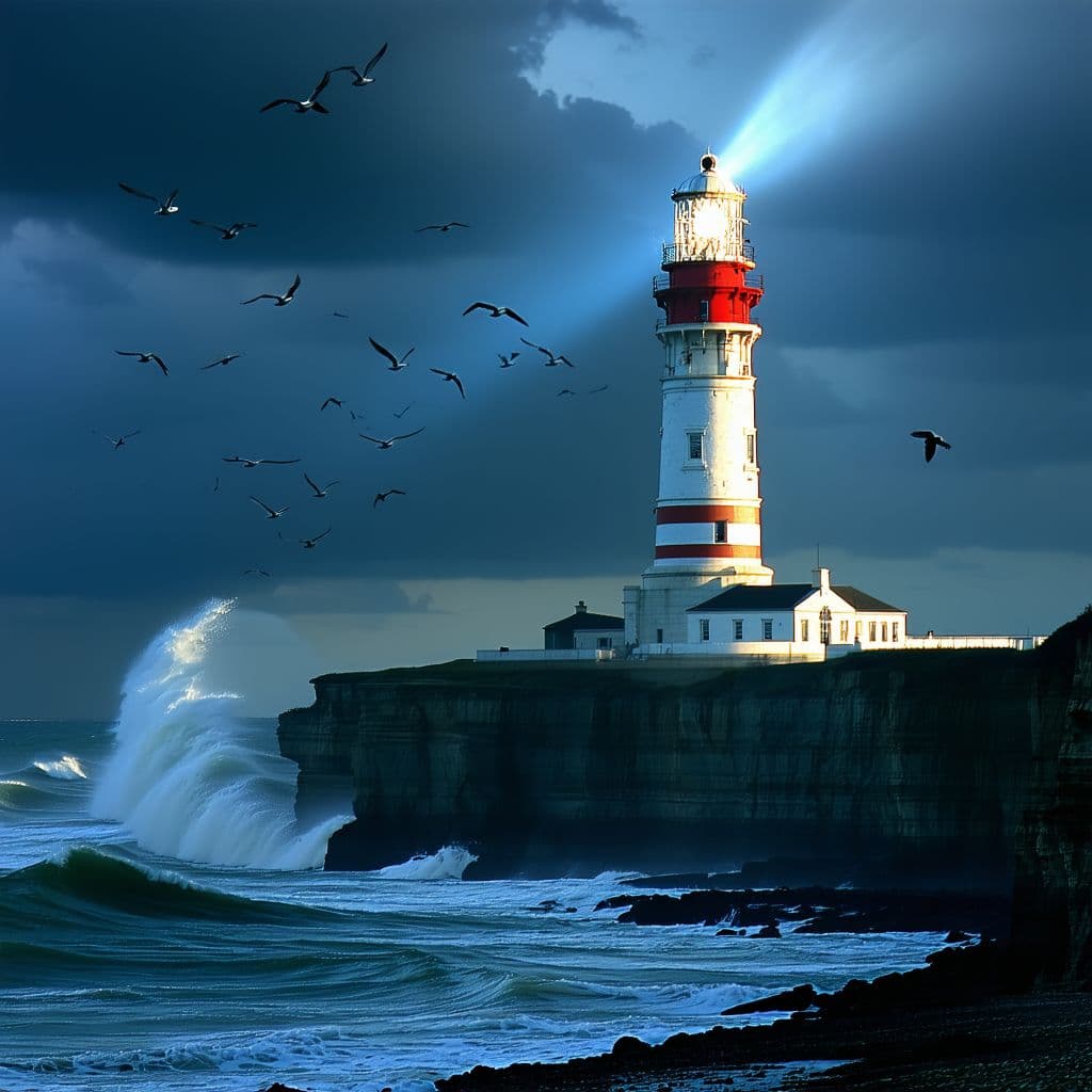 AI generated: Imagine an 85 meters high lighthouse in Normandy on the northern coast of France. The image is being...