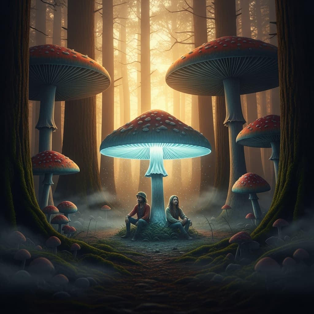 AI generated: Psychedelic, surreal. A mystical forest at dawn, soft golden light filtering through ancient giant m...