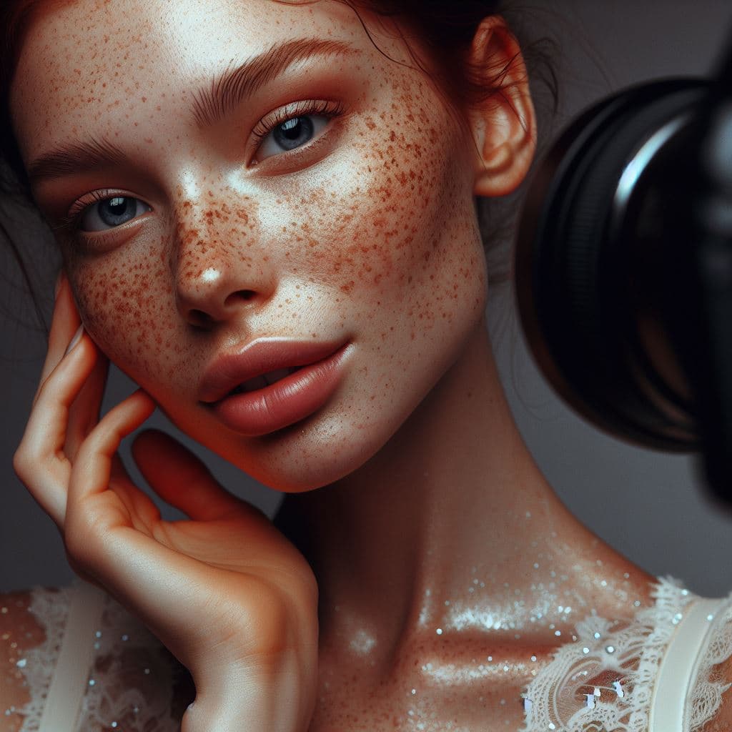 AI generated: a woman with freckled skin is photographing her face, in the style of dmitry kustanovich, delicate m...