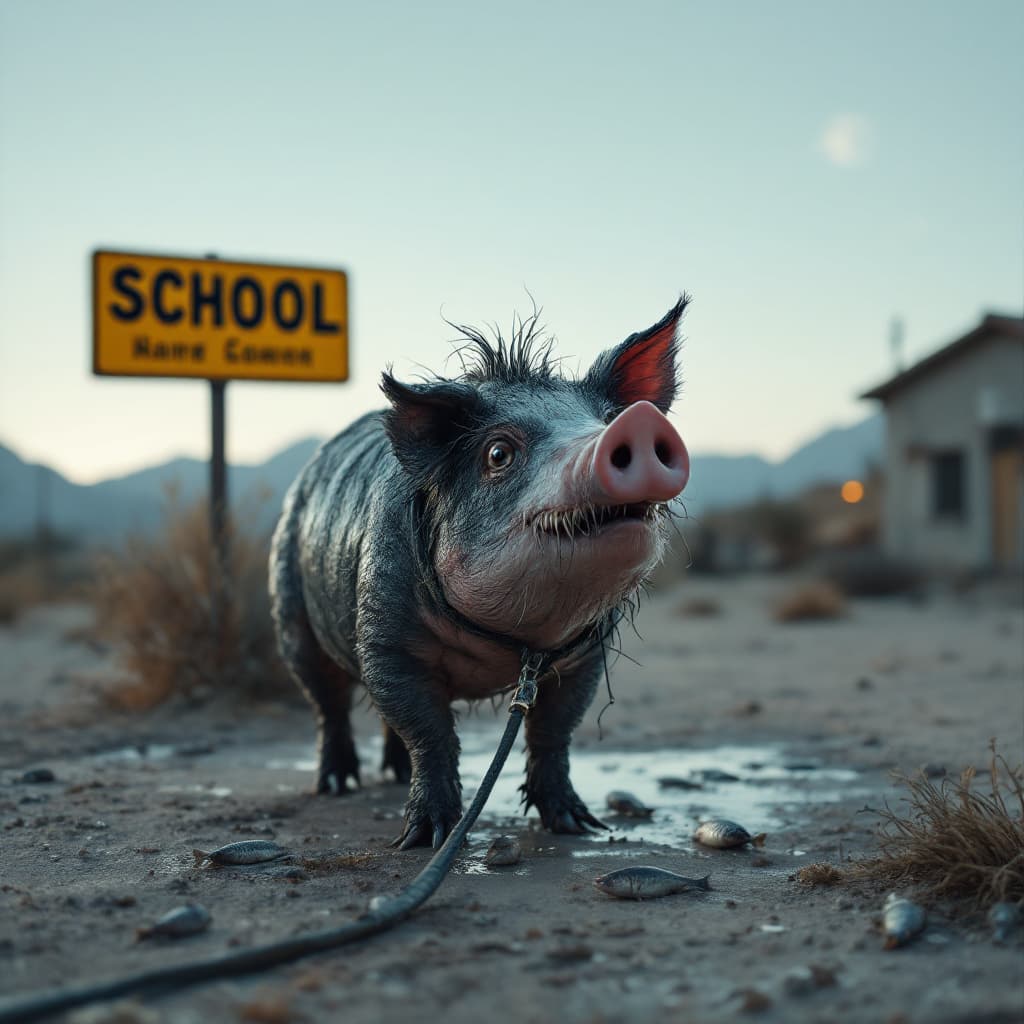 AI generated: a picture of a creature half fish, half pig, wet pig is hairy,with a leash tied to a school sign in ...