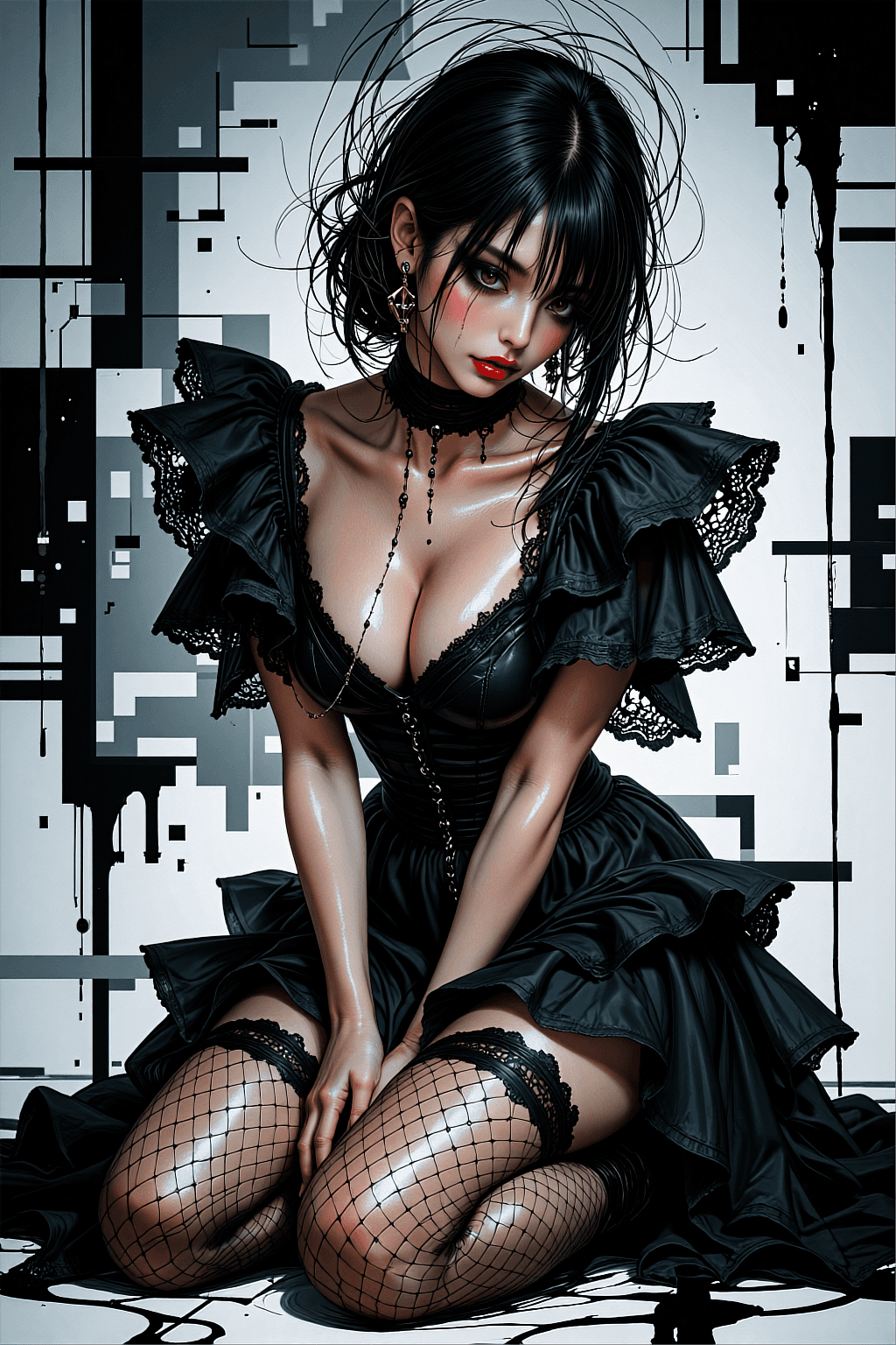 AI generated: A vertical avant-garde fashion illustration of a pale woman with messy black hair tied back, sitting...