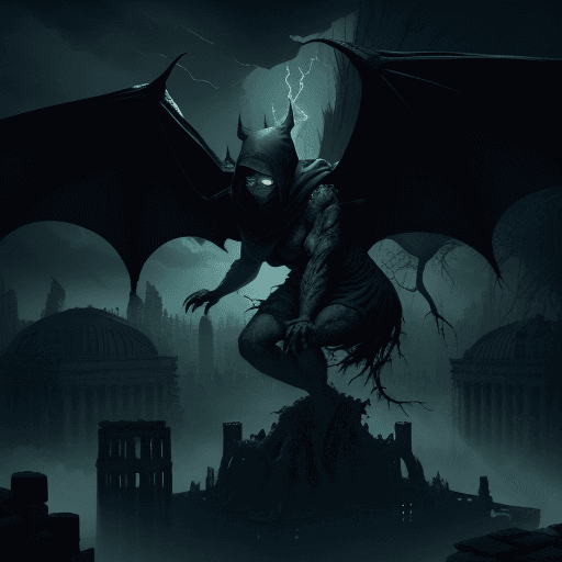AI generated: A elderich monster with a tree trunk as legs and giant bat wings floating above a city, roots poppin...