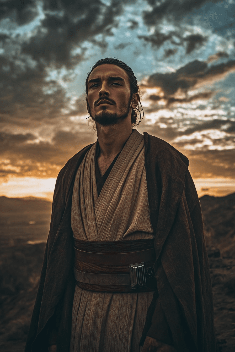 AI generated: Portrait shot of a Jedi after a fight, he looks tired and calm while he watches at the horizon, phot...