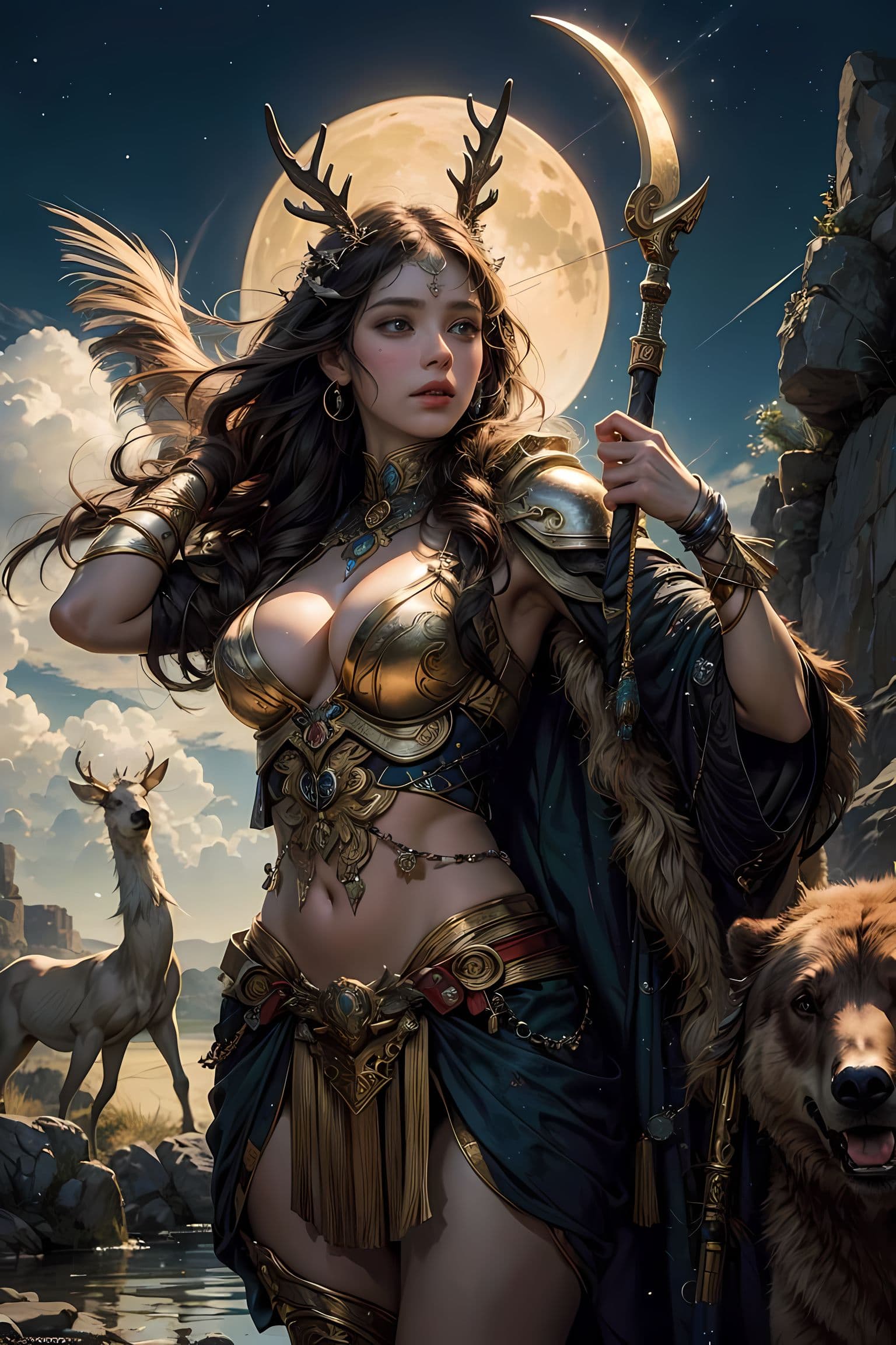 AI generated: goddess of the hunt(greek roman mythology:Artemis),Very cruel and vengeful personality,Hunter and gu...