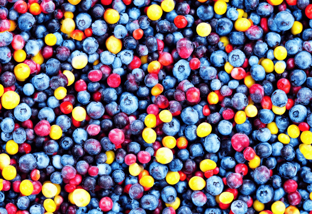 AI generated: 35mm macro photo of a blueberry dripping, multicolor backdrop