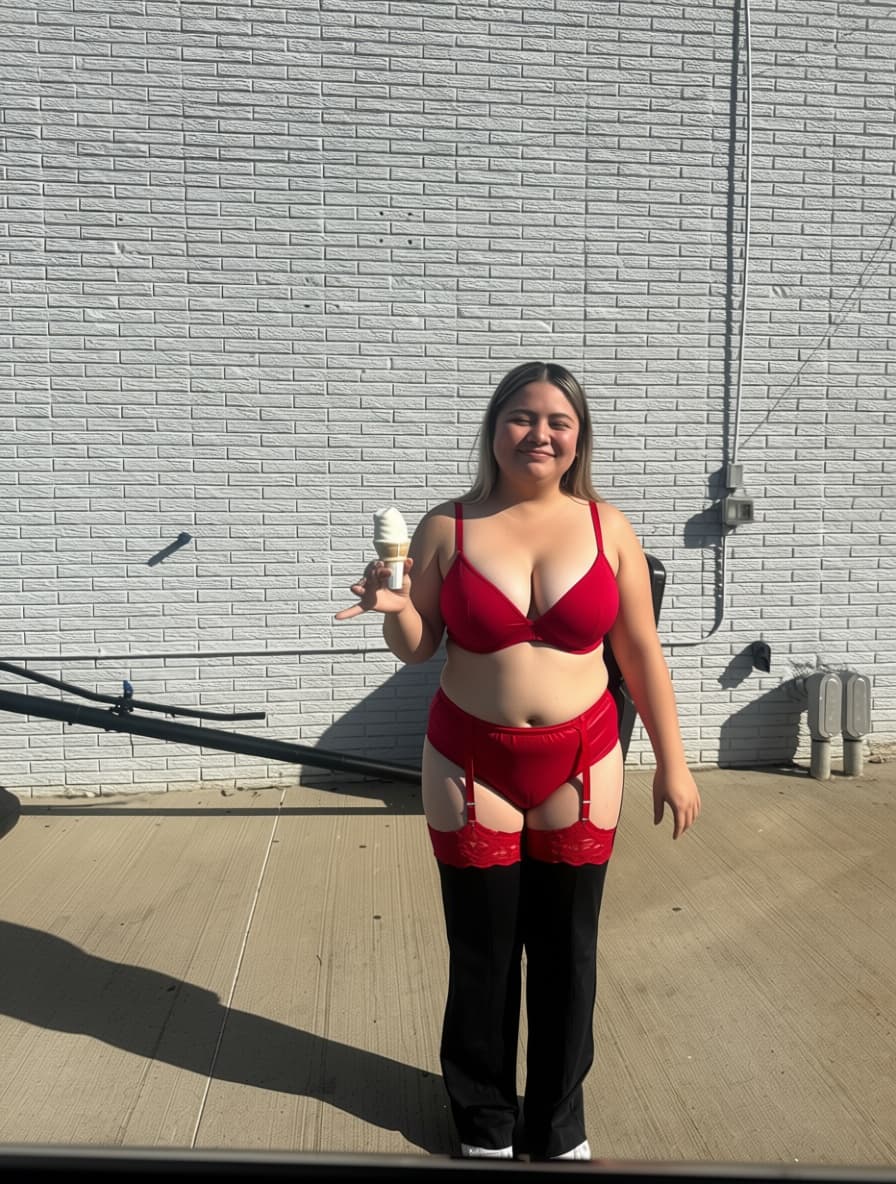 AI generated: Her in only a red victorious secret bra showing cleavage and matching red g string