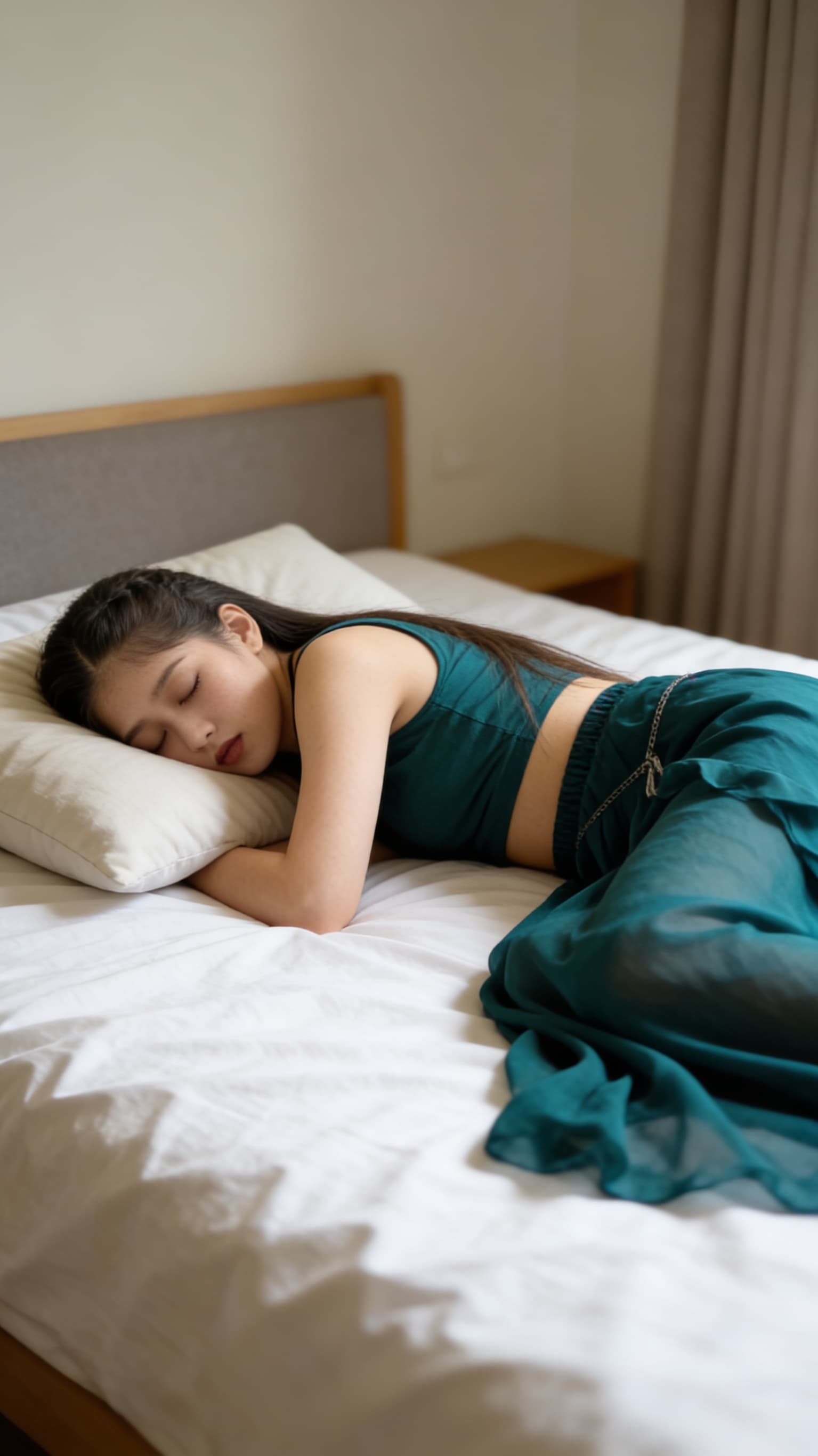 AI generated: Create the ultra high realistic image as this Pakistani women is sleeping lying face down on bed wit...
