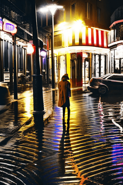 AI generated: PCreate an image of a beautiful, mysterious woman standing alone on the vibrant, rain-soaked streets...