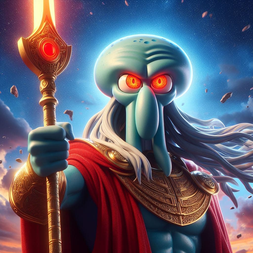 AI generated: Mr.Squidward is the mightiest god wielding his sword, red eyes, heroic pose, divine and celestial li...