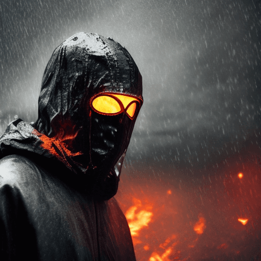 AI generated: masked man, dark torn hood, dark rainy foggy night, intricate dark and chrome damaged armor, smoke a...