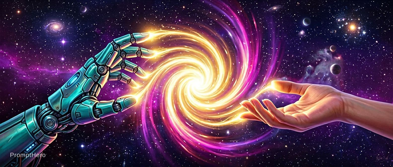 AI generated: 2 Hands. Hand 1: Robot hand, colour turquois metal, relaxed open, palm downward. Hand 2: Human, fema...